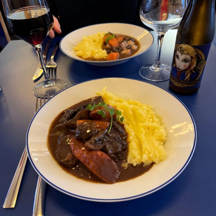 Bœuf mijoté façon bourguignon, légumes du marché